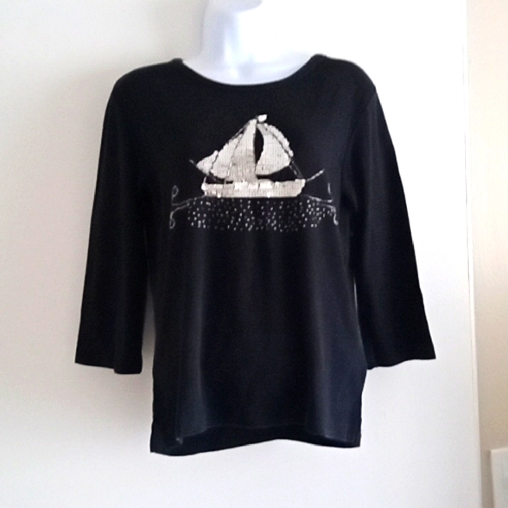 Woman's Top Palm Grove Small black with silver ship design cruise wear nautical